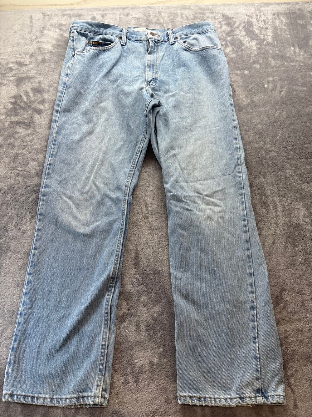 Lee Menβs Jeans 38x32 Light Wash Faded Work Distressed Straight Leg Denim